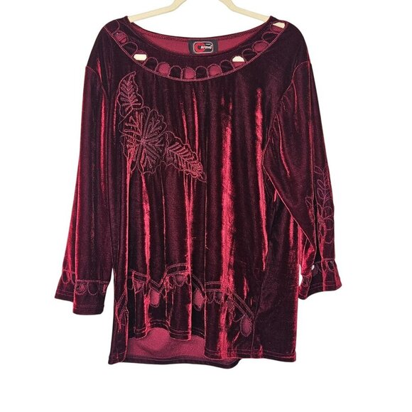 Krave Cherry Red Velvet Floral Embroidered Long Sleeve Tunic XL Vintage 90s Vamp - Picture 1 of 11